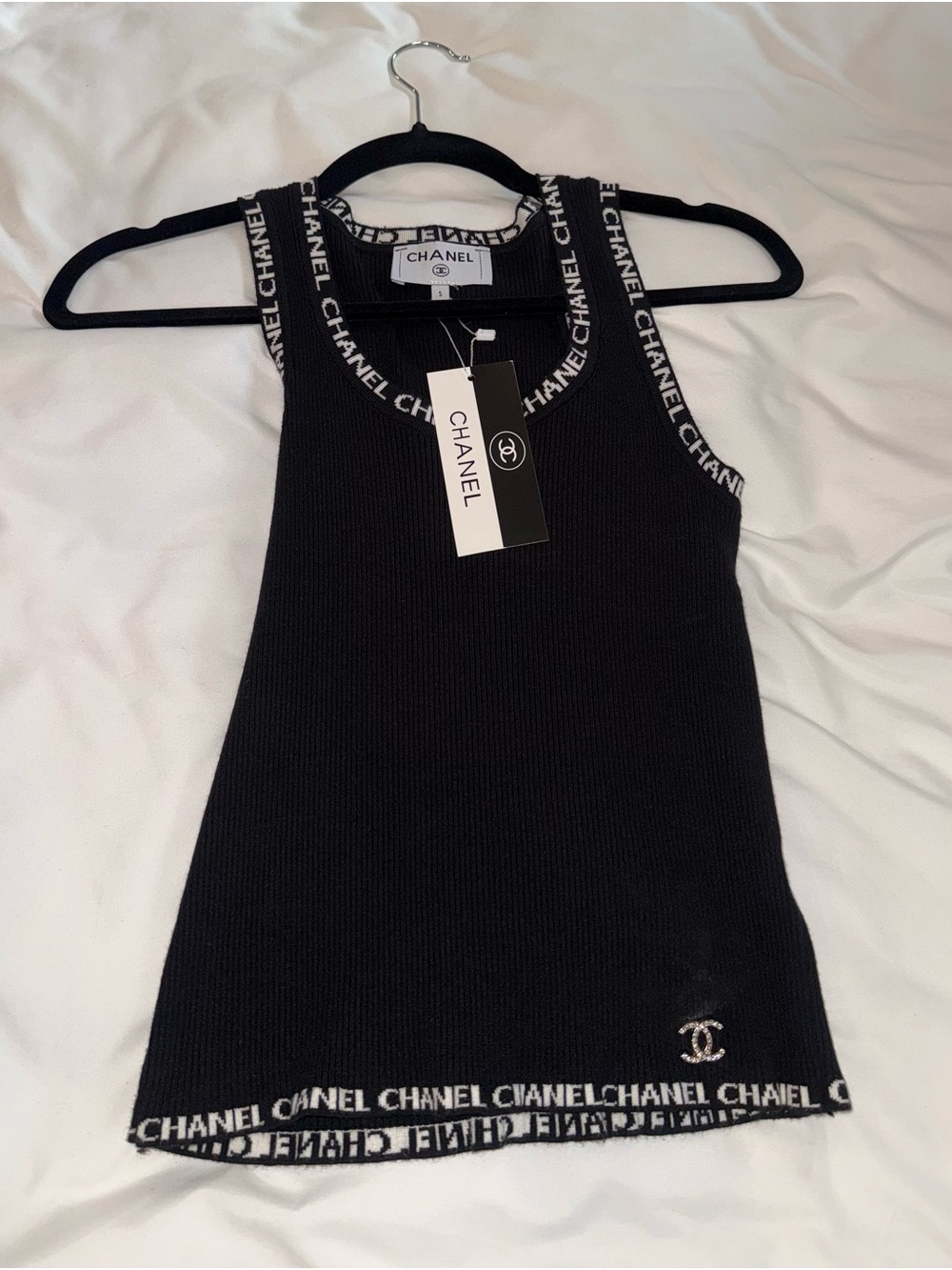 CHANEL Black Ribbed Logo-Trim Tank Top
